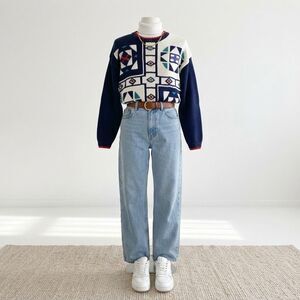 VTG 90s Gina Peters Southwest Aztec Color Block Pullover Sweater M Retro Ramie